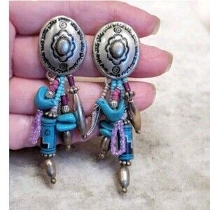 Vintage Boho Native American Style Southwestern Dangle Charm Fetish Earrings